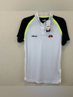 New Tags Ellesse White Polo with Black Sleeves and Neon Yellow Trim Small